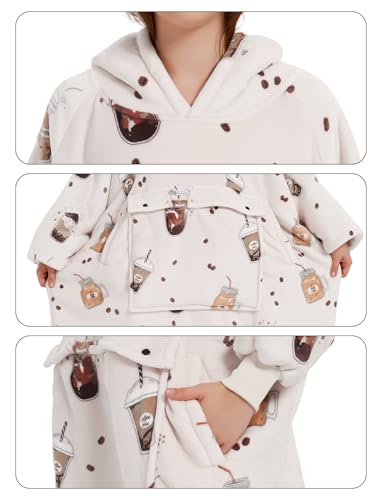 KFUBUO Wearable Blanket Hoodie for Adults Sherpa All Patterns Oversized Sweatshirt Blanket with Pocket - color: Milk Tea, size: Adult
