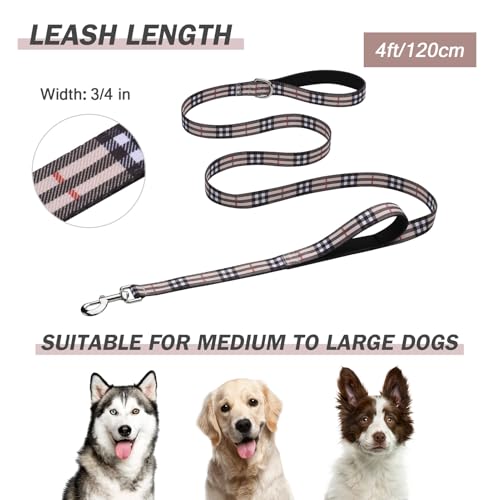 Hikiko 4 Foot Cute Girl Double Handle Dog Leash Padded Traffic Handles for Walking Training (Beige Plaid, 4ft) - color: Beige Plaid, size: 3/4 in x 4 ft
