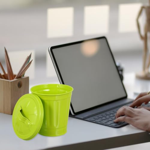 VOSAREA Desk Trash Can with Lid, Iron Metal Wastebasket Small Garbage Bin and Retro Flower Pot for Bathroom Bedroom (4.32 Inch Green) - color: Green