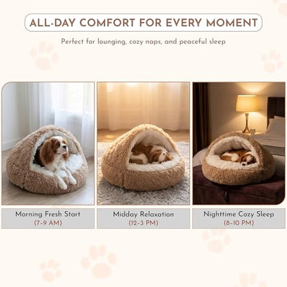 Calming Plush Dog Bed, Hooded Cave Style, PP Cotton Filling, for Small and Medium Pets (Brown, Small)