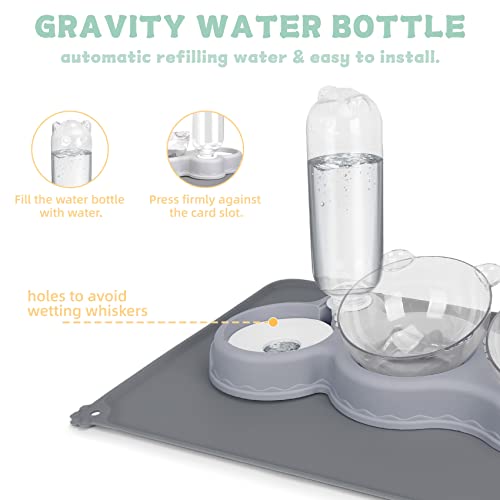 Triple Cat Bowls for Food and Water, YECERCAN Plastic Raised Cat Bowls with Automatic Water Bottle & Waterproof Mat for Cats/Small Dogs, 3 in 1 Pet Feeder for Wet/Dry Food