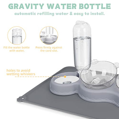 Triple Cat Bowls for Food and Water, YECERCAN Plastic Raised Cat Bowls with Automatic Water Bottle & Waterproof Mat for Cats/Small Dogs, 3 in 1 Pet Feeder for Wet/Dry Food