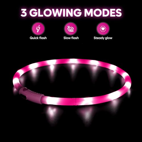 HIGO LED Dog Collar, Silicone Lightweight Light Up Dog Collars, USB Rechargeable LED Dog Necklace Light for Your Dogs Cats Glow in the Dark (Pink-Silicone) - color: Pink-Silicone