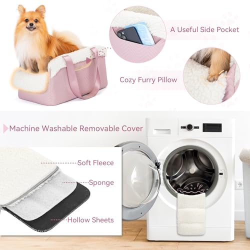 PETSFIT Cat Car Seat, Portable Console Dog Car Seat with Safe Protective Hooks, Luxury Pet Car Seat Includes Safety Leash and Storage Pocket for Pets Up to 9 lbs (Pink) - color: Pink