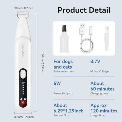 Dog Paw Trimmer, Pet Hair Trimmer with LED Light, 18mm Wide Head, 35dB Low Noise, Dual-Speed Waterproof USB Rechargeable Pet Hair Shaver for Dogs Cats Trimming Paws, Ears, Face, Rump, Eyes and Butt