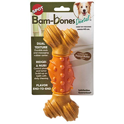 SPOT Bam-Bones Dental Bone - Made with Bamboo Fiber and a Massaging Rubber Center, Durable Oral Care Dog Chew for Light Chewers & Teething Puppies Under 40lbs, 7in, Allergen Free Peanut Butter Flavor - size: Large