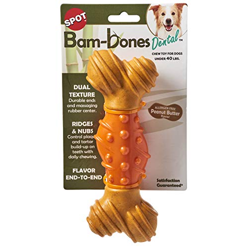 SPOT Bam-Bones Dental Bone - Made with Bamboo Fiber and a Massaging Rubber Center, Durable Oral Care Dog Chew for Light Chewers & Teething Puppies Under 40lbs, 7in, Allergen Free Peanut Butter Flavor - size: Large