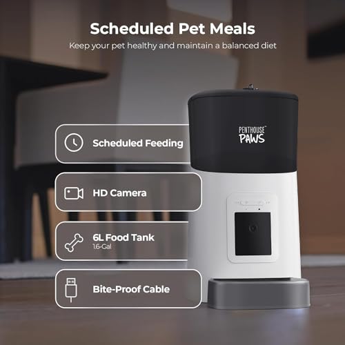 Penthouse Paws Smart HD Pet Feeder, 6L Dry Food Capacity, 1080p Camera, 2-Way Audio, Scheduled Meals, Backup Power, Easy to Clean, Anti-Jam Design for Cat & Dog, White/Stainless Steel - color: White with Steel Tray