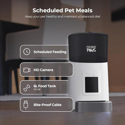 Penthouse Paws Smart HD Pet Feeder, 6L Dry Food Capacity, 1080p Camera, 2-Way Audio, Scheduled Meals, Backup Power, Easy to Clean, Anti-Jam Design for Cat & Dog, White/Stainless Steel - color: White with Steel Tray