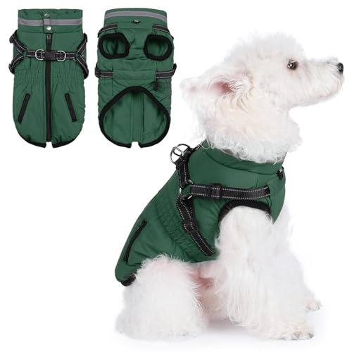 Gyuzh Dog Coat with Harness,Dog Coats for Small Dogs,Warm Fleece Winter Puppy Jacket,Waterproof Jacket with Harness Built in for Small Medium Large Dogs - color: dark green, size: X-Small