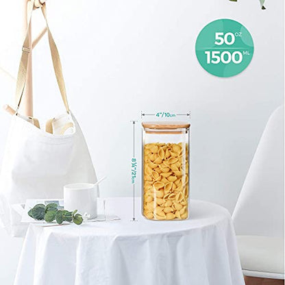 ComSaf 1.6 Qt Square Glass Jars with Bamboo Lids Set of 3, Space-Saving Glass Pantry Storage Containers, Airtight Clear Glass Storage Containers with Wide 3.9" Mouth for Coffee, Sugar, Short Pasta - size: 1.6Qt*3