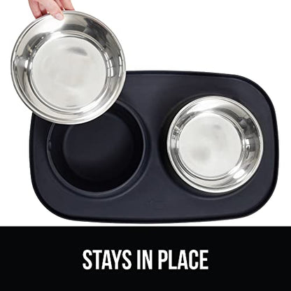 GORILLA GRIP Dog Bowl Set with Slip Resistant Silicone Feeding Mat, Food Grade 304 Stainless Steel Bowls, BPA Free, High Edge Spill Containment, Dishwasher Safe, Finger Notch Removal, 1 Cup, Black - color: Black, size: 1 Cup Bowls
