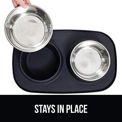 GORILLA GRIP Dog Bowl Set with Slip Resistant Silicone Feeding Mat, 3 Cup, Food Grade 304 Stainless Steel Bowls, BPA Free, High Edge Spill Containment, Dishwasher Safe, Finger Notch Removal, Black - color: Black, size: 3 Cup Bowls