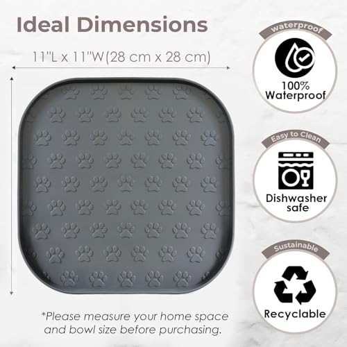 Pet Feeding Mat, Waterproof Anti-Slip Placemats for Dog Cat Bowl Silicone Pet Food Mat, Raised Edge Prevent Spills on Floor & Carpet, Dishwasher Safe (Black, 11" x 11") - color: Black