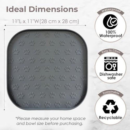 Pet Feeding Mat, Waterproof Anti-Slip Placemats for Dog Cat Bowl Silicone Pet Food Mat, Raised Edge Prevent Spills on Floor & Carpet, Dishwasher Safe (Black, 11" x 11") - color: Black