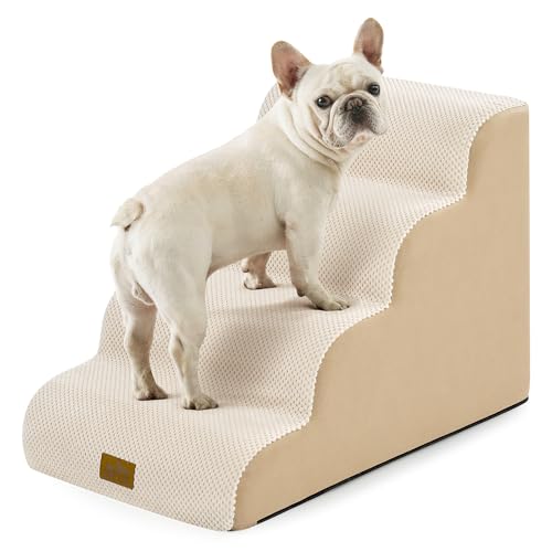 COZY KISS Dog Stairs for Small Dogs 19.7" H, Curved Dog Step for Puppy, Older or Cat, Medium Pet Ramp for Sofa, Couch or Bed, Ladder with High Density Foam, 4 Step, 15.7x28.3x19.7 inch, Beige - color: Beige, size: Standard: 15.7"x28.3"x19.7"
