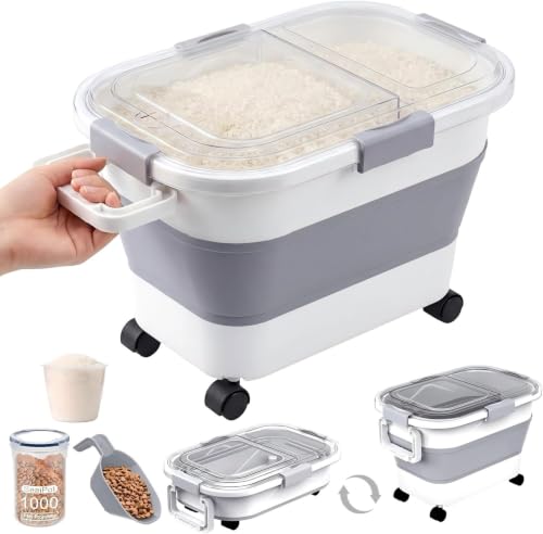 30 Lbs Rice Storage Container with Wheels, Collapsible Airtight Food Storage Container with Transparent Lid, Measuring Cup, Scoop, Handle, BPA Free Rice Holder for Pet Food, Grain, and Bird Seed - color: Clear/30lbs
