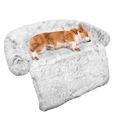 Calming Dog Bed Fluffy Plush Dog Mat for Furniture Protector with Removable Washable Cover for Large Medium Small Dogs and Cats (Medium, Light Grey) - color: Light Grey, size: 41.0"L x 37.0"W x 6.0"Th
