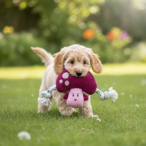 Green Sheep Puppy Plush Dog Toy, No Stuffing Squeaky Toy with Recycled Cotton Rope for Teething, Comfort and Gentle Play, Small Dogs and Puppies, Mushroom - color: Mushroom
