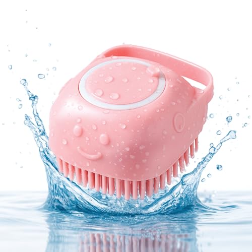 HamInWay Dog Bath Brush, 2-in-1 Dog Brush for Grooming with Built-in Shampoo Dispenser, Gentle Silicone Bristles for Bath & Massage,Easy Clean Design for Dog, Cats & Small Pets, Pink - color: Pink