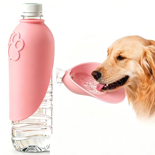 Portable Dog Water Bottle Attachment, Foldable Pet Water Bowl for Walks | Slip-on Silicone Dog Drink Dispenser, Fits Standard Water Bottles,Ideal For Daily Hiking & Travel, Quick Rinse & Easy Setup - color: Pink