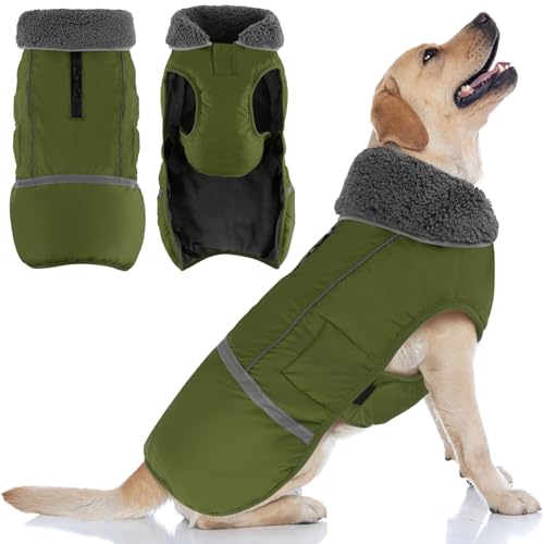 Doglay Dog Coat, Waterproof Dog Jacket Pet Winter Coat for Cold Weather with Thicken Furry Collar, Reflective Puppy Winter Jacket Warm Fleece Lining for Small Medium Large Pets - color: Army Green, size: S(Chest : 11-18.11" , Back : 9.84")