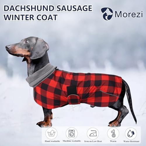 Dachshund Coats Waterproof Perfect for Dachshunds Sausage Weiner Dog Winter Coat with Padded Fleece Puppy Snowsuit with Adjustable Bands Reflective Stripe - PlaidRed - S - color: Plaid Red, size: Small