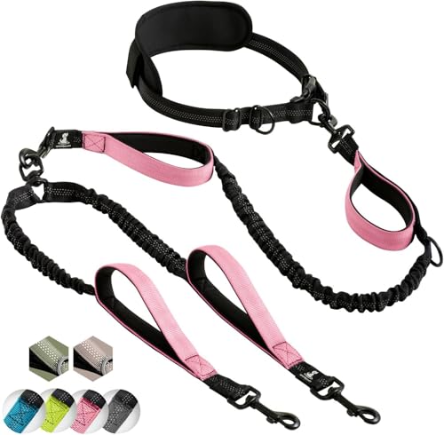 SparklyPets Hands Free Double Dog Leash – Dual Leash for Medium and Large Breeds – Lead for 2 Dogs with Padded Handles, Reflective Stitches, No Pull, Tangle Free - color: Pink, size: 2 dogs M/L