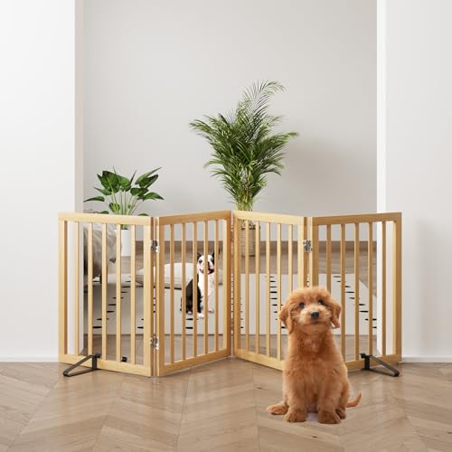 Natural 37-74" Wide Dog Gate for Stair, Bamboo Dog Gates for the House Doorways, Freestanding Pet Gates for Dogs, Doogie Puppy Fence Gate - color: Bamboo Dog Gate Natural, size: 4 Panel - 74 inches Wide