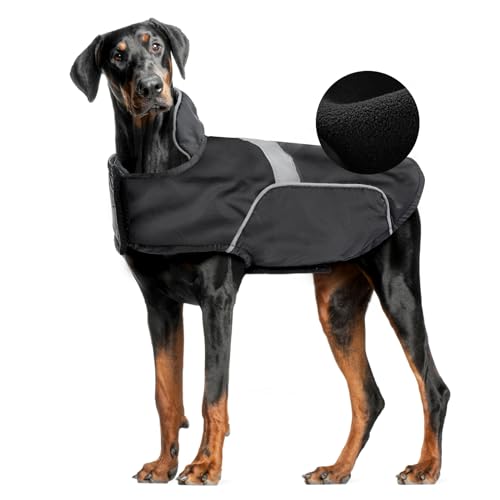 Waterproof Dog Raincoat Dog Winter Jacket Lightweight Windproof Dog Rain Coat with Velvet Inner, Adjustable Wider Velcro, Leash Hole, Reflective Stripes for Small Medium Large Dogs (Black, L)
