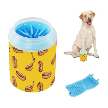 Hot Dog Yellow Pattern Dog Paw Cleaner Cup with Soft Silicone Brush, Lightweight Small Portable Muddy Paw Washer for Dogs, Easy to Use Pet Foot Cleaner
