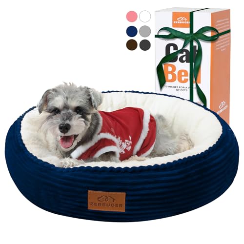 Zerbuger 23in Round Cat Dog Bed for Large Medium Small Dogs Cats, Machine Washable Sleeping Sofa, Non-Slip Bottom Breathable Soft Calming Pet Cuddler for Indoor/Outdoor/Car/Cage, Navy Blue - color: Navy Blue, size: Medium