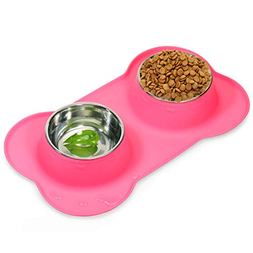AsFrost Dog Food Bowls Stainless Steel Pet Food Bowls & Dog Water Bowls, Dog Bowls Silicone Mat No Spill Non-Skid Feeding Bowls for Small Size Dog Puppy Cat Food Dish, Pink, 3 Cup/24oz, Set of 2 Bowls - color: Pink, size: 3 Cup/27 oz each