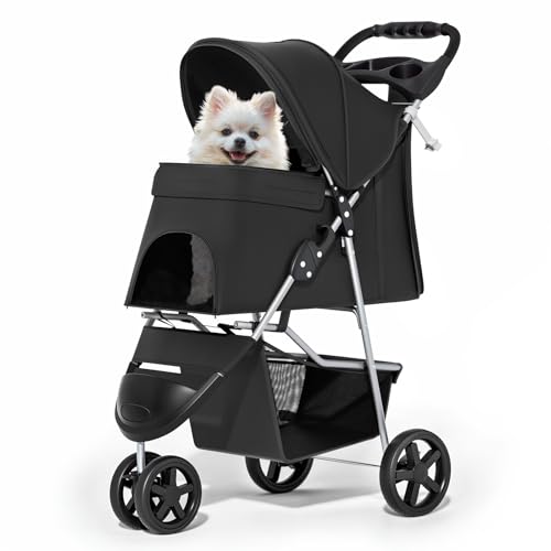 MoNiBloom Foldable Pet Stroller with Weather Cover, 3 Wheels Pet Strolling Cart for Small/Medium Dogs and Cats with Storage Basket and Cup Holder, Breathable and Visible Mesh for All-Season, Black - color: Black
