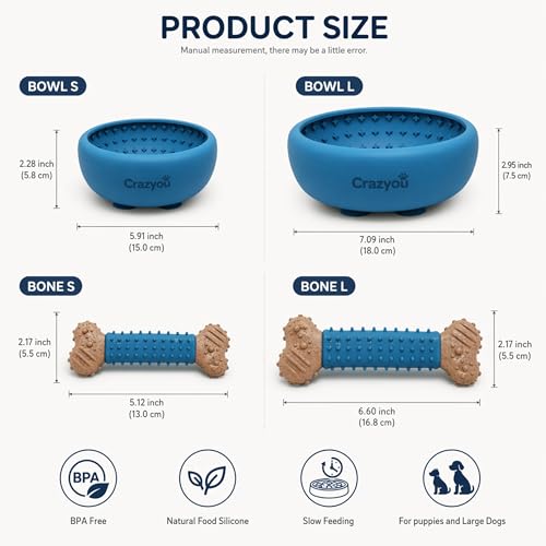Dog Lick Bowl with Bone Chew Toy, BPA Free Silicone Lick Mat for Dogs, Slow Feeder Dog Bowl with Strong Suction, Dog Freezer Bowl for Anxiety Relief, Paw Calm, Dishwasher (Blue, L) - size: Large