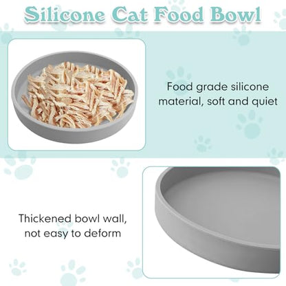 Silicone Cat Food Bowls Shallow Cat Dishes 5.9in Wide Pet Plates Set of 2 Small Flat Dog Saucer Bowl Cute Whisker Fatigue Kitten Feeding Dish for Dry & Wet Food (Round Grey) - color: Grey, size: M: 5.9 inches - without Suction Cup