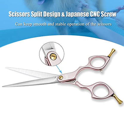 6.5'' Small Pink Straight Dog Grooming Scissors Professional Trimming Shears with Ultra-Lightweight Offset Handle 440C Stainless Steel Pet Scissors for Face and Paws - color: Pink Straight