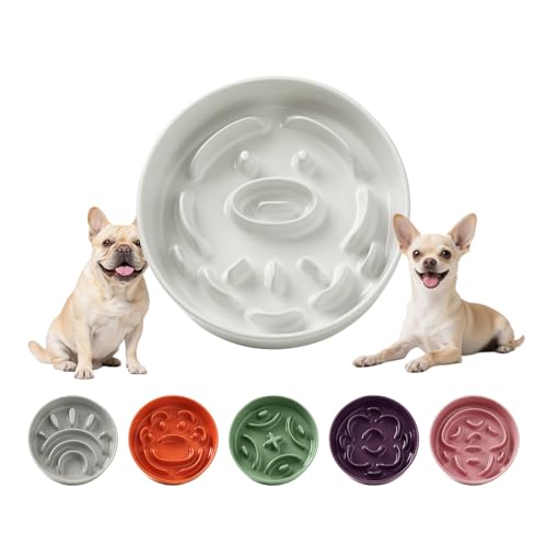 Ceramic Slow Feeder Dog Bowl - Feeding Dish for Fast Eaters - Maze Dog Bowl to Slow Down Eating - Ideal Food Control Dish for Small Breeds - 0.8 Cups (80g) - 6.3 Inch - White - color: White, size: Small