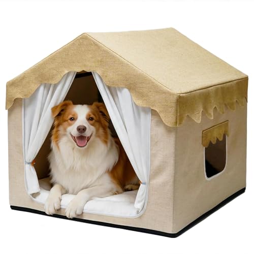 Indoor Dog House, Breeze Pet Tent with Sturdy Frame & Window, Dog Cave Bed with Washable Cover for Medium-Large Dogs (36-66 lb), 29", Cream - size: XL (29"×29"×29")
