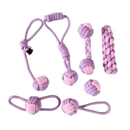 Dog Rope Toys, 7 Piece Cotton Teething and Chewing Set, Purple and Pink (Picture Color)
