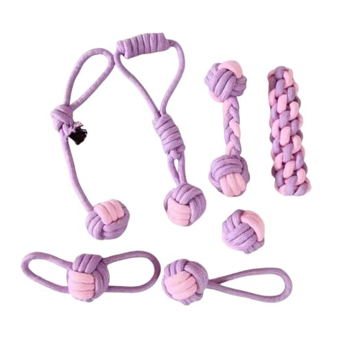 Dog Rope Toys, 7 Piece Cotton Teething and Chewing Set, Purple and Pink (Picture Color)