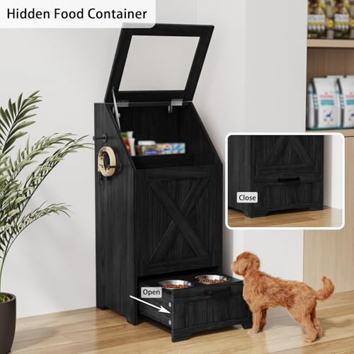 Dog Feeding Station with 2 Elevated Bowls, Dog Food Storage Cabinet with Pet Toy Organizer and Flip Top Pet Feeding Station,Hidden Pet Feeder Station for Cats and Dogs - color: Dog Feeding Station-Black