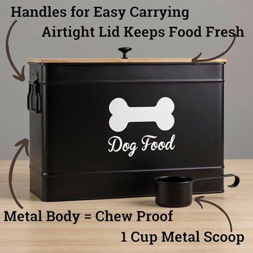 Dog Food Container Airtight 15-20 lb (70 Cup) Capacity with Metal Scoop - Cute Airtight Dog Food Storage Container with Bamboo Lid - Black Metal Kibble Storage Bin for Dogs up to 100 lbs - Big Pet Jar - color: Black