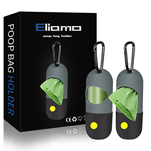 2 Pack Dog Poop Bag Dispenser with Built-in LED Flashlight, Pet Waste Bag Holder for Leash with Carabiner Clip for Lead Leash, 2 Rolls Leak-proof Doggy Waste Bags for Dog Walking, Grey - color: Grey