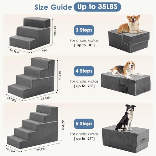 DUMOS Dog Stairs for Small Dogs, 3-Steps Non-Slip Balanced Indoor Foldable Dog Steps with Density Foam & Washable Cover, Cat Puppy Old Pet Stairs for High Bed, Couch, Sofa - Grey, 18" H