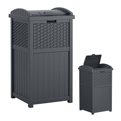 Suncast 33 Gallon Wicker-Style Hideaway Trash Can with Secure Latching Lid and Weather-Resistant Construction for Patio, Cyberspace Grey, Made in the USA - color: Cyberspace Grey