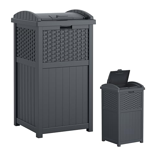 Suncast 33 Gallon Wicker-Style Hideaway Trash Can with Secure Latching Lid and Weather-Resistant Construction for Patio, Cyberspace Grey, Made in the USA - color: Cyberspace Grey