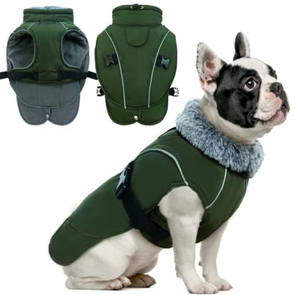 DENTRUN Warm Dog Winter Coat, Easy On Reflective Turtleneck Fleece Jacket | Adjustable buckle, easy on off, windproof & water-repellent, thick fleece snowsuit, outfit fits small to large breeds - color: Army Green, size: Small
