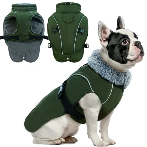 DENTRUN Warm Dog Winter Coat, Easy On Reflective Turtleneck Fleece Jacket | Adjustable buckle, easy on off, windproof & water-repellent, thick fleece snowsuit, outfit fits small to large breeds - color: Army Green, size: Medium