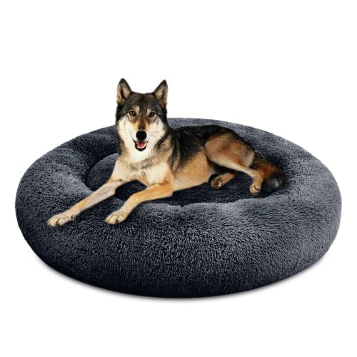 SAVFOX 45 inches Calming Donut Dog Bed - 3X Durable Plush Faux Fur, Machine Washable & Non-Slip, Fits up to 150 lbs, Dark Grey - color: Dark Grey, size: X-Large | 45"x45"